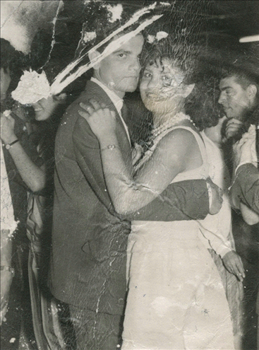 Rina Malca and Benny Maymon dancing at their engagement, in the Malca family’s home in Musrara, 1963